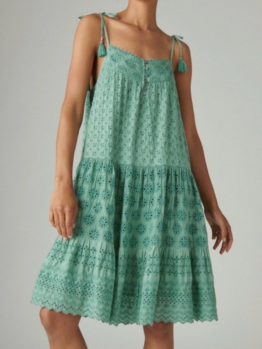 Lucky Brand Mineral Blue Tie Strap Tiered Eyelet Dress Small